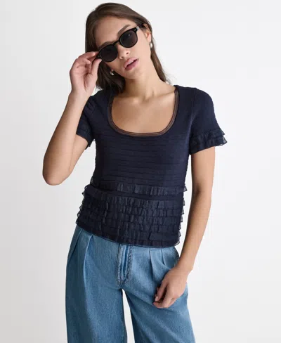 Bcbg Women's Pointelle Ruffle Short-sleeve Sweater In Blue