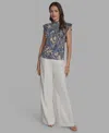 Bcbg Women's Printed Mock Neck Knit Flutter-sleeve Top In Blue