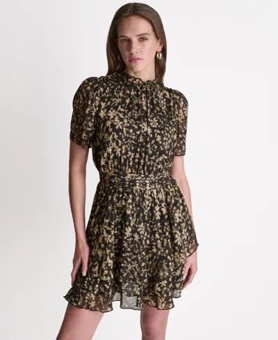 Bcbg Women's Printed Puff Short-sleeve Mock Neck Dress In Beige