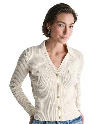 Bcbg Women's Ribbed Knit Collared V-neck Cardigan In Buttercream