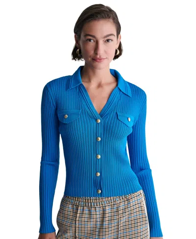 Bcbg Women's Ribbed Knit Collared V-neck Cardigan In Electric Seine