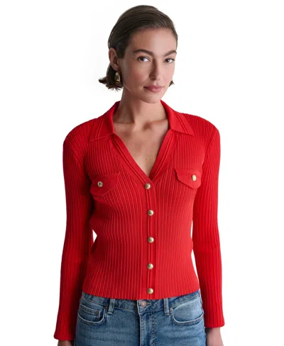 Bcbg Women's Ribbed Knit Collared V-neck Cardigan In Rouge Volt