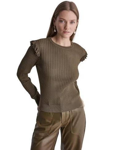 Bcbg Women's Ruffle-trim Ribbed-knit Long-sleeve Crewneck Sweater In Green