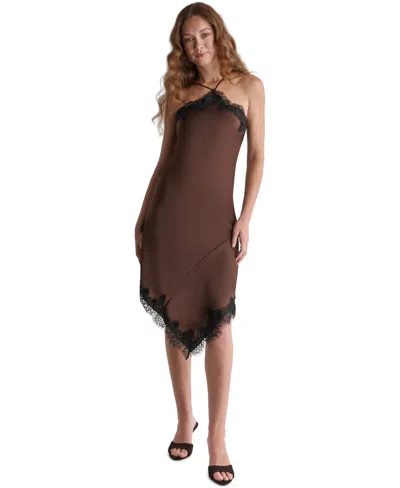 Bcbg Women's Satin Asym Dress With Lace Trim In Brown