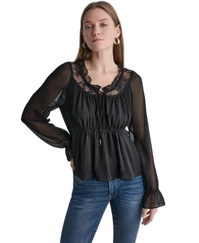 Bcbg Women's Scoop Neckline Lace-trim Long-sleeve Blouse In Black