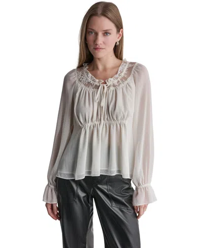 Bcbg Women's Scoop Neckline Lace-trim Long-sleeve Blouse In Neutral