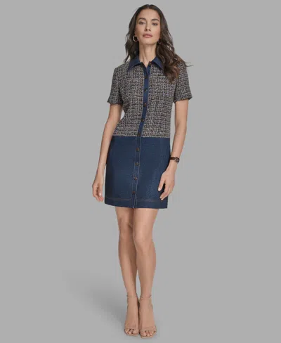 Bcbg Women's Short Sleeve Drop-waist Tweed Denim Mini Dress In Blue