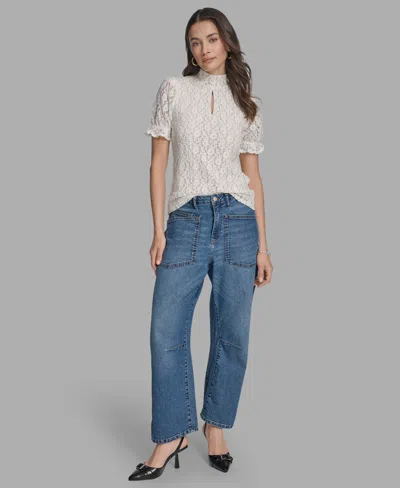 Bcbg Women's Short Sleeve Lace Ruffle Top In Blue