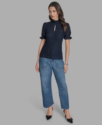 Bcbg Women's Short Sleeve Lace Ruffle Top In Blue