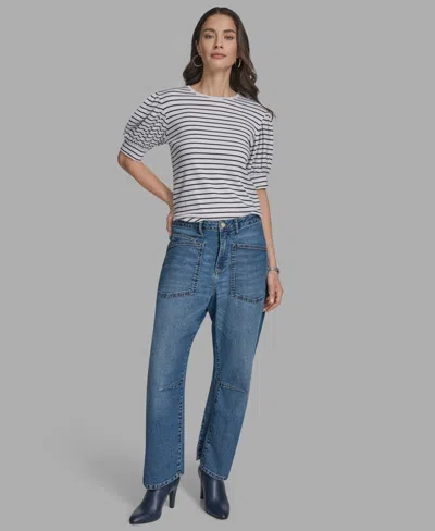 Bcbg Women's Short Sleeve Stripe Crewneck Top In Gray