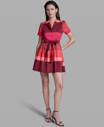 Bcbg Women's Short Sleeve Wide Lapel Cotton Stripe Mini Shirt Dress In Multi