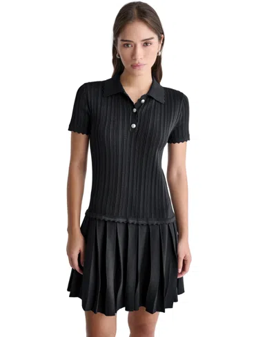 Bcbg Women's Short-sleeve Pleated Drop-waist Sweater Dress In Black