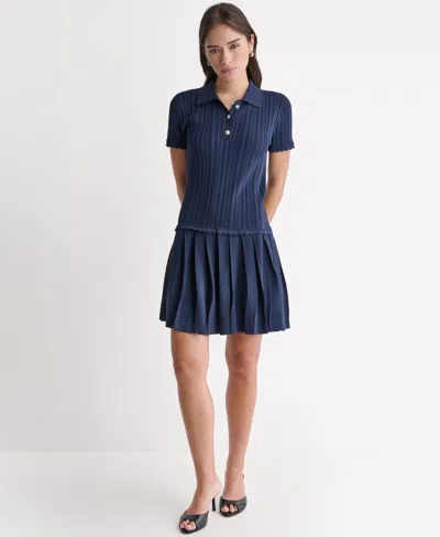 Bcbg Women's Short-sleeve Pleated Drop-waist Sweater Dress In Blue