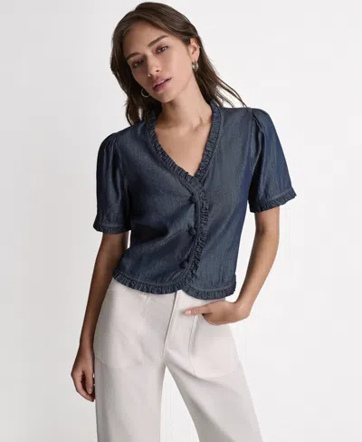Bcbg Women's Short-sleeve Ruffle Detail Button-front Top In Blue