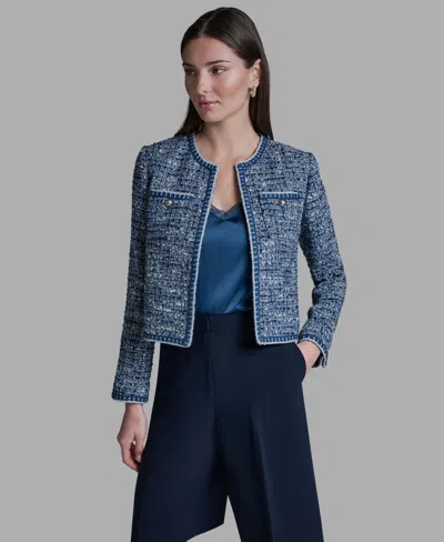 Bcbg Women's Shoulder Padding Open Front Tweed Jacket In Blue