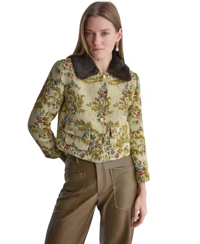 Bcbg Women's Tapestry Faux-fur-collar 3/4-sleeve Jacket In Gilded Ecru