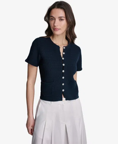 Bcbg Women's Tweed Short-sleeve Cropped Cardigan In Blue