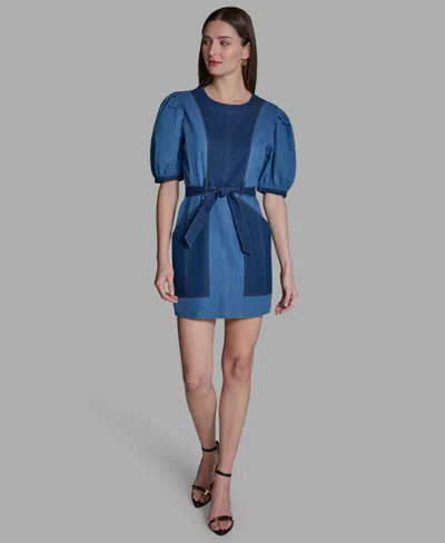 Bcbg Women's Two-tone Tie Waist Crew Neck Dress In Blue