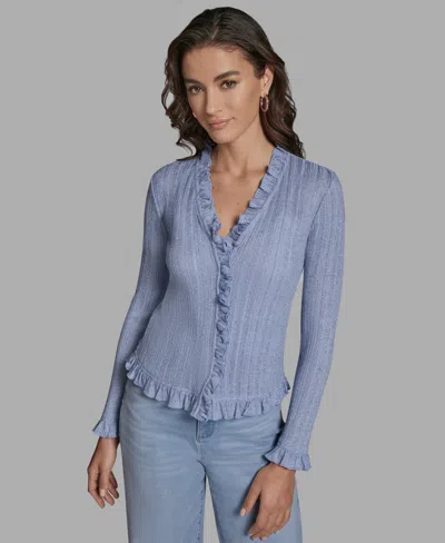 Bcbg Women's V-neck Ruffle Hem Cardigan Sweater In Blue