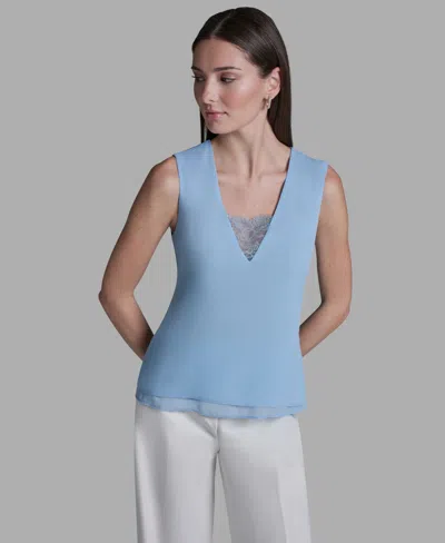 Bcbg Women's V-neck Lace Detail Pull-on Top In Blue