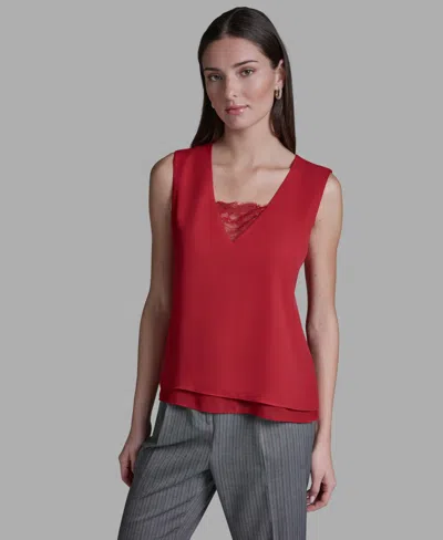 Bcbg Women's V-neck Lace Detail Pull-on Top In Red