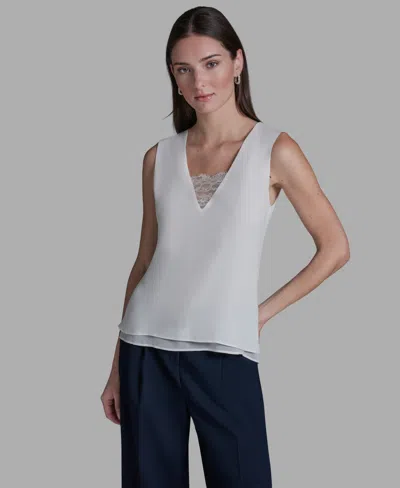 Bcbg Women's V-neck Lace Detail Pull-on Top In White