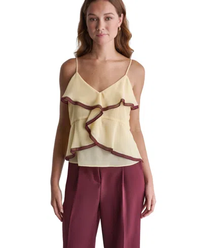Bcbg Women's V-neck Ruffle Front Contrast Trim Tank In Neutral
