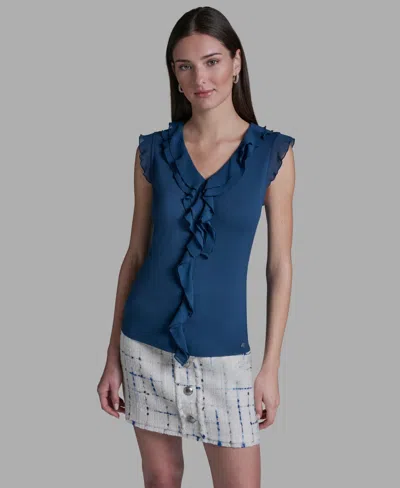 Bcbg Women's V-neck Ruffle Front Pull-on Top In Blue