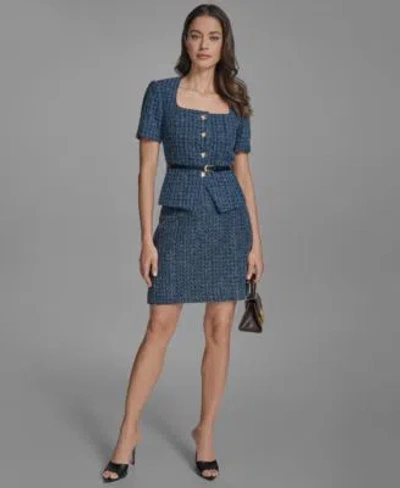 Bcbg Womens Cotton Tweed Belted Short Sleeve Jacket Cotton Tweed Mini Pencil Skirt In Blue