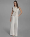 Bcbg Womens Textured Crewneck Button Front Vest Pleated Wide Leg Pants In Neutral