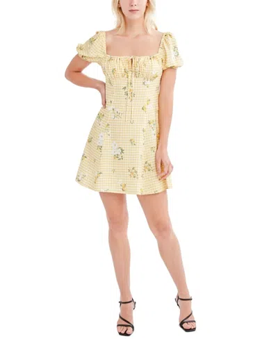 Bcbgeneration Dress Yellow Check Floral Puff Sleeve Square Neck Jzz333