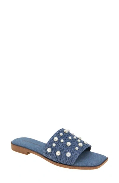 Bcbgeneration Lonnie Imitation Pearl Slide Sandal In Denim Blue Raffia