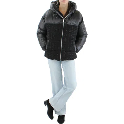 Bcbgeneration Missy Womens Mixed Media Hooded Puffer Jacket In Black