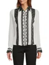 Bcbgeneration Women's Contrast Lace-trim Button-front Blouse In White