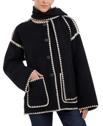 Bcbgeneration Women's Contrast-trim Coat & Scarf In Black