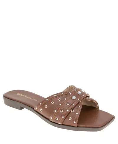 Bcbgeneration Women's Lucca Studded Slide Flat Sandals In Camel