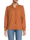 Bcbgeneration Women's Plaid Ruffle Button-up Cotton Blouse In Orange