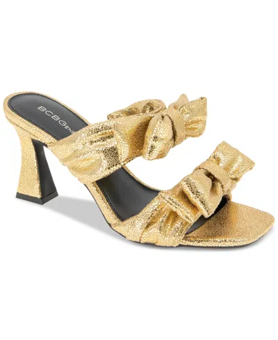 Bcbgeneration Women's Ramira Double-band Bow High Heel Dress Sandals In Gold Crinkle Metallic
