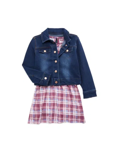 Bcbgirls Kids' Girl's 2-piece Denim Jacket & Plaid Dress Set In Dark Wash