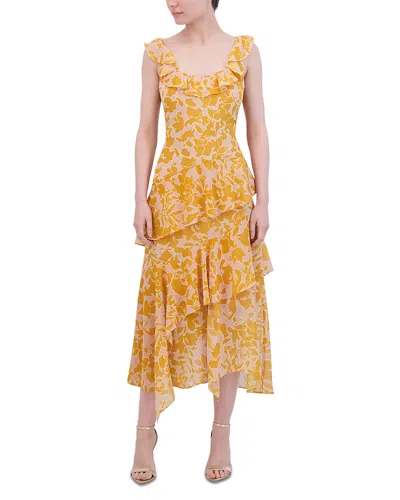 Bcbgmaxazria Asymmetric Tiered Midi Dress In Golden Yellow