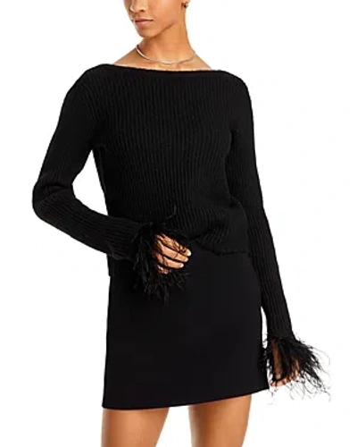 Bcbgmaxazria Feather Trim Long Sleeve Top In Black