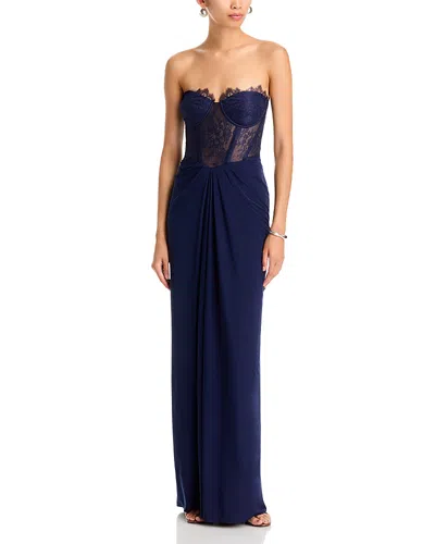 Bcbgmaxazria Lace Jersey Floor Sweeping Gown In Blue