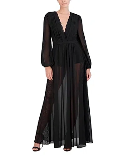 Bcbgmaxazria Lace Trim Pleated Sheer Maxi Dress In Black