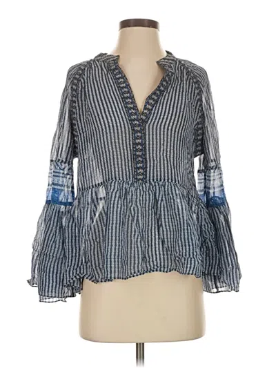 Pre-owned Bcbgmaxazria Long Sleeve Silk Top Blue Plunge Neckline Tops