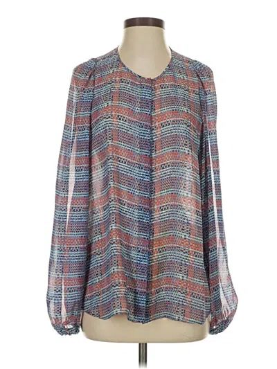 Pre-owned Bcbgmaxazria Long Sleeve Silk Top Blue Tweed Pattern Square Neckline Tops