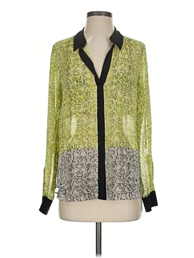 Pre-owned Bcbgmaxazria Long Sleeve Silk Top Green Color Block Pattern Plunge Neckline Tops