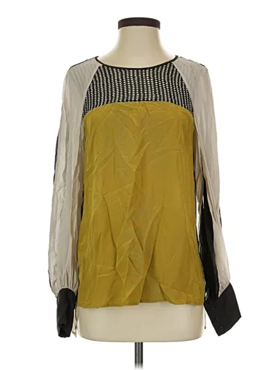 Pre-owned Bcbgmaxazria Long Sleeve Silk Top Green Color Block Pattern Square Neckline Tops