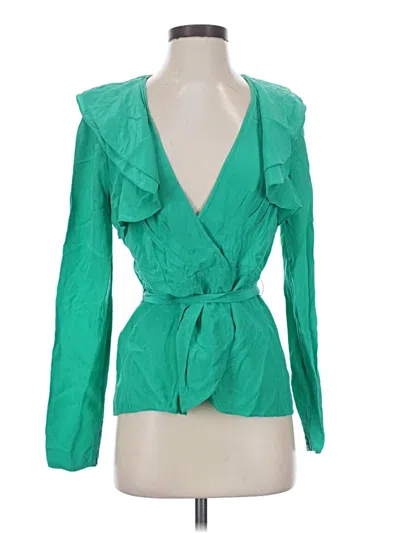 Pre-owned Bcbgmaxazria Long Sleeve Silk Top Green Plunge Neckline Tops
