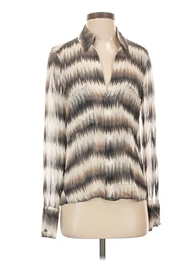 Pre-owned Bcbgmaxazria Long Sleeve Silk Top Ivory Chevron/herringbone Pattern Plunge Neckline Tops