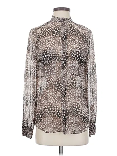 Pre-owned Bcbgmaxazria Long Sleeve Silk Top Silver Animal Print Pattern High Neck Tops